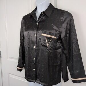 Victorias Secret Black Polka Dot Satin Pajama Top Medium Button Down